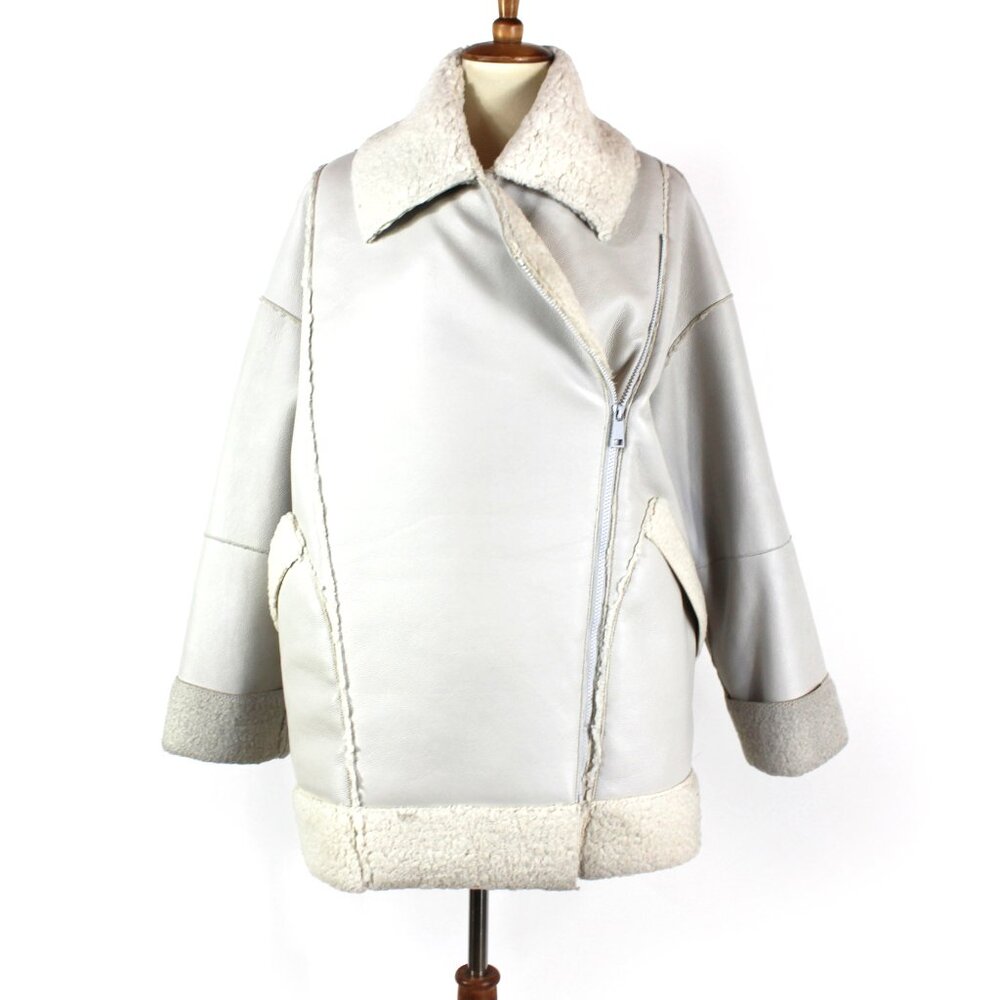 Aeron Pisco Faux Shearling Lined Off White Faux Leather Zip Biker Jacket M NEW